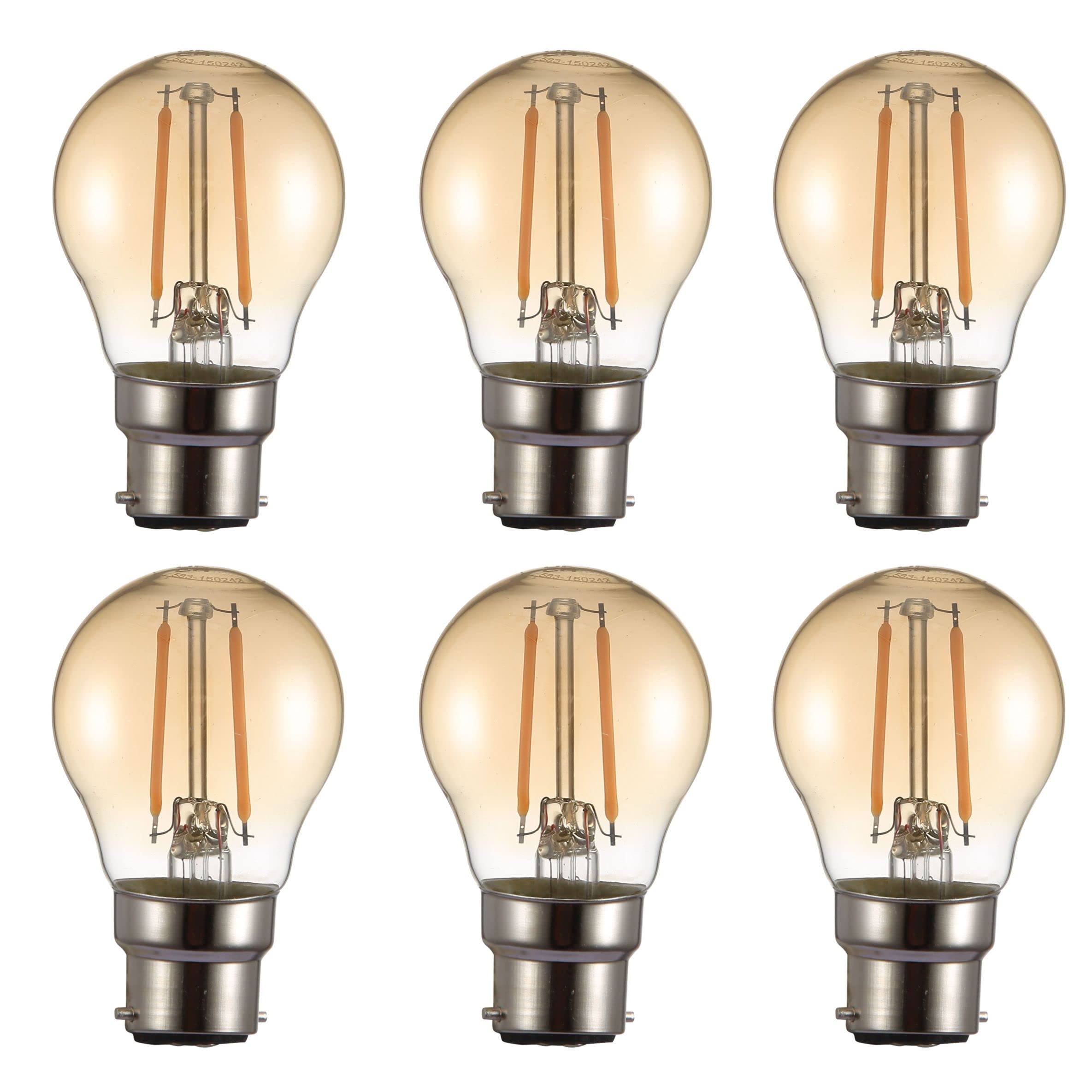 TEKLED® Golf Ball Filament Vintage LED Bulbs | G45 B22 Bayonet Cap | Energy Saving 2W Light Bulb 22W Equivalent | NONDIMMABLE Amber 2400K 220LM | 6-Pack | Warm White