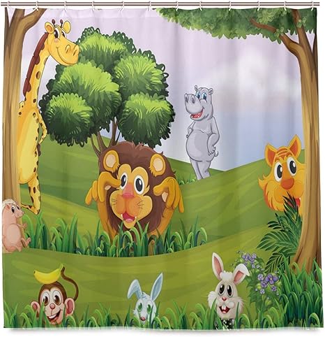 Amazon 森の中のユニークなシャワーカーテン動物漫画イラストアフリカのサファリジャングル生態系緑のバスルームに12フックで環境に優しいw72 Xh72 180x180 Cm シャワーカーテン ホーム キッチン オンライン通販