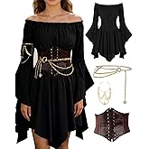 SVMVVGW Pirate Costume Women Renaissance Dress Off Shoulder Bell Sleeve Fairy Dress with Arm chain Waist Belt, waist chain
