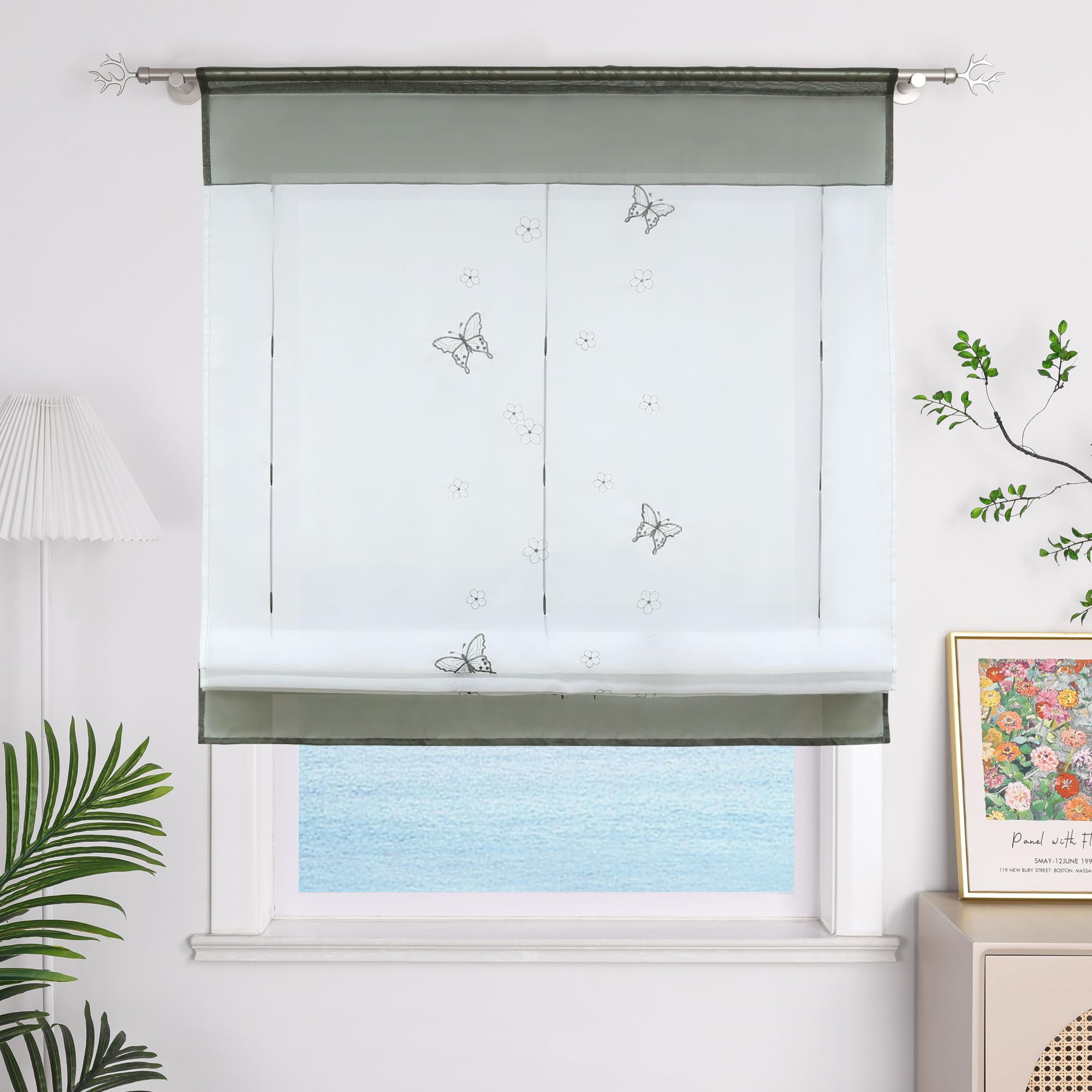 ESLIR Roman Blind, Kitchen Roman Curtain with Drawstring, Transparent Ribbon Blind with Butterfly, Embroidered, Voile Grey, W x H 80 x 120 cm, 1 Piece