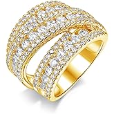 MDFUN Halo Eternity Rings Wedding Bands, 3 Rows Round Cut Cubic Zirconia Statement Rings, 18K White Gold/Yellow Gold Plated Wedding Band for Women Size 5-10