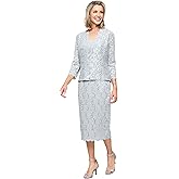 S.L. Fashions Women's Tea Length Sequin Lace Mother of The Bride Dress with Illusion Sleeve Jacket