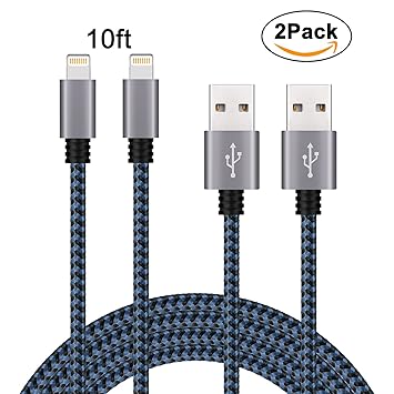 iPhone Charger Cable - SURWELL 3M/10FT Long Lightning Cable with Aluminum Connector Charging Lead for iPhone 7 iPhone 6 iPhone 5 and More (2pcs, BlackBlue)