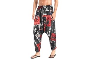 AITFINEISM Men's Drawstring Aladdin Hippie Harem Pants Loose Drop Crotch Trousers