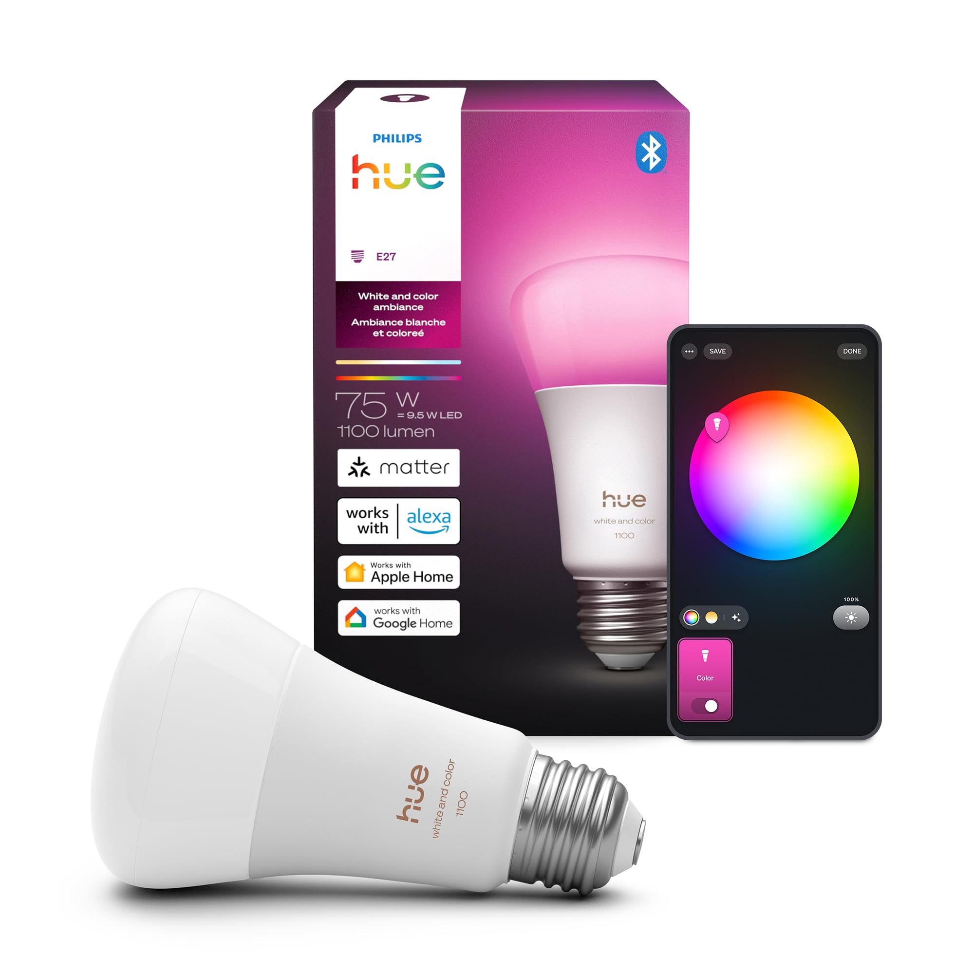 Philips Hue Smart LED A19 Bulb 1-Pack, White & Color Ambiance, E26 Base, 10.5W, Full Spectrum Light 1000K-20000K, 1100 Lumens, Dimmable, Works with Alexa, Google, Apple Image