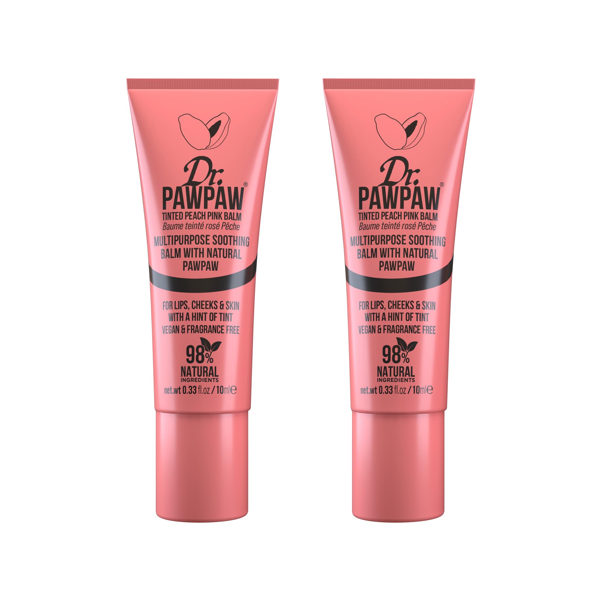 Dr.PAWPAW Tinted Peach Pink Balm 2 x 10ml, Multi Purpose Natural Fragrance Free Pawpaw Balm, Buildable Peach Pink Colour to Hydrate Lips Skin Hair Cuticles and Nails