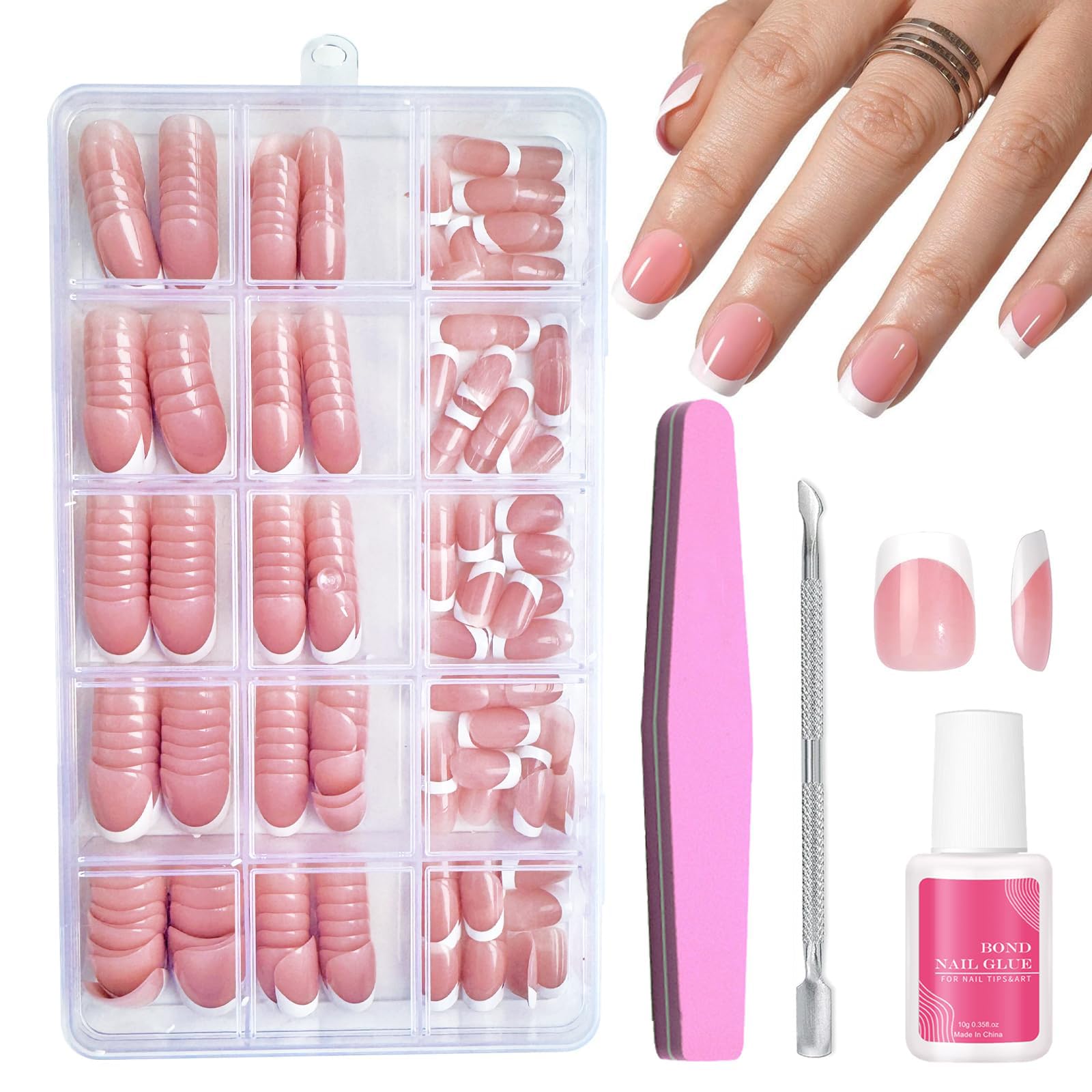 Short French Press On Nails - 240Pcs Pink Square False Nails - Fake Nail White Tip False Nail Kit - Full Cover Stick on Nail French Nail Art Manicure Decorations