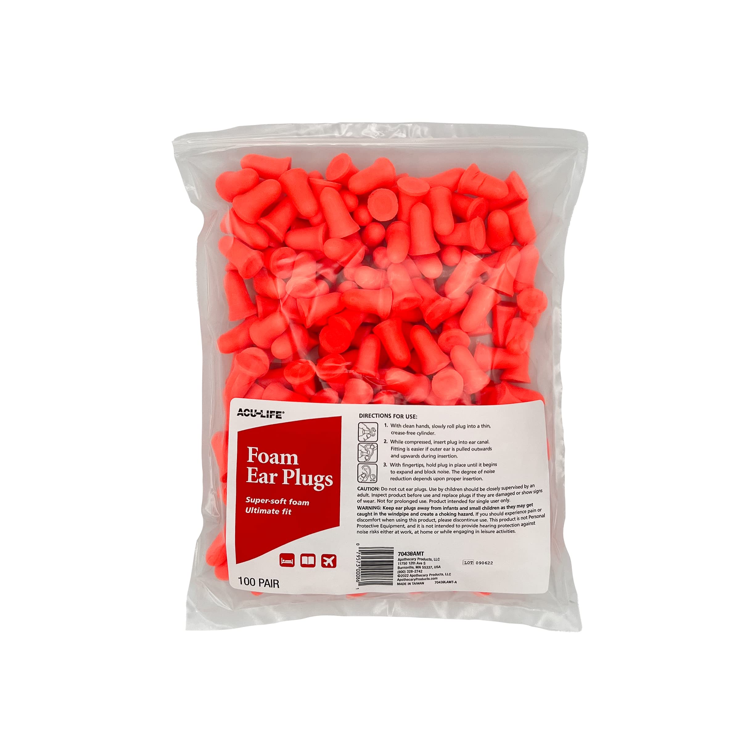 Acu-Life Foam Ear Plugs, Super-Soft Ear Plugs for Sleeping, Snoring, Noise, Ideal for Studying and Traveling, Ultimate Fit, Red (100 Pair)
