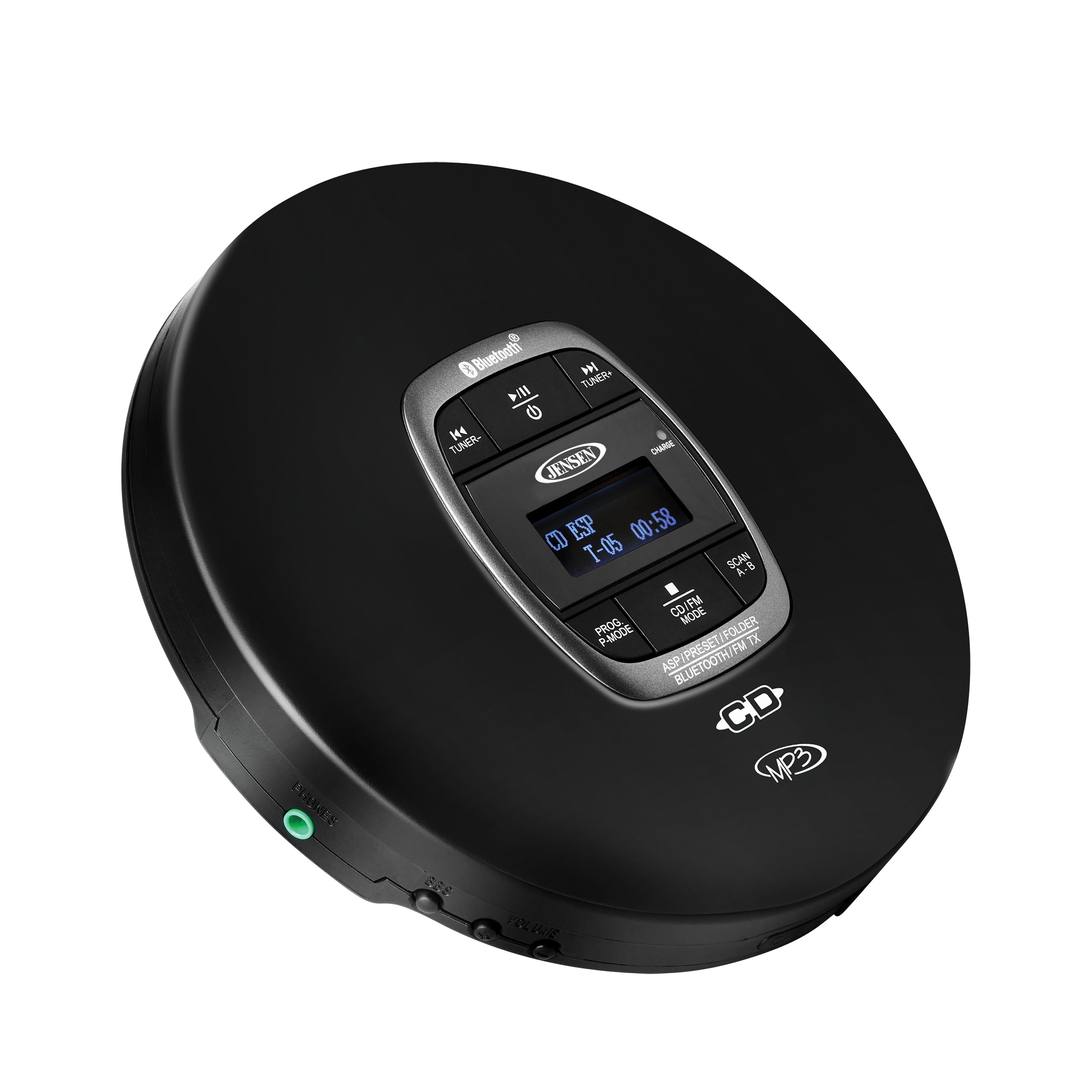 Jensen Professional Portable CD Player with Bluetooth | CD-R/RW MP3 Playback | FM Radio | Mega Bass Boost | Pro in-Ear Wired Earbuds | (Matte Black Edition)