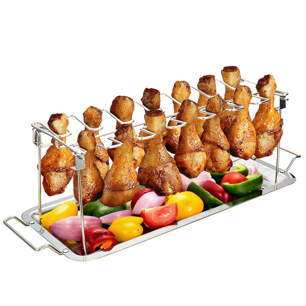 Photo 1 of **MINOR DAMAGE - USED**
G.a HOMEFAVOR 14-Slot Chicken Leg Rack for Grill & Wings - Premium Stainless Steel Foldable Roasting Rack with Detachable Drip Pan, Dishwasher-Safe BBQ Accessories for Oven, Grill, Camping, Parties