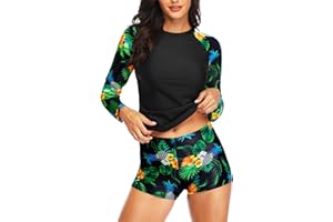 Daci Women Two Piece Rash Guard Long Sleeve Swimsuits UV UPF 50+ Swim Shirt Bathing Suit with Boyshort Bottom, Black Pineappl