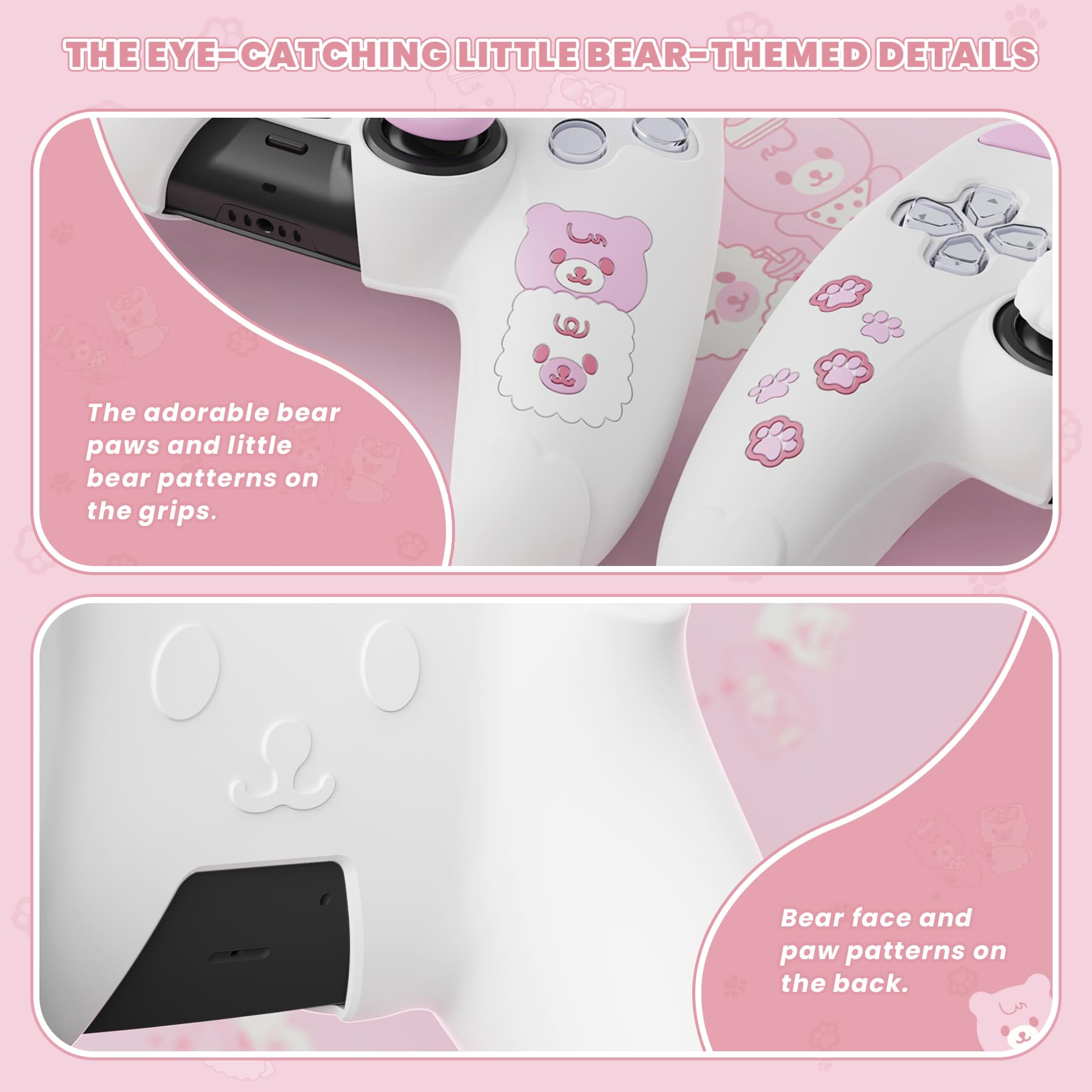 PlayVital Cute Bear Controller Silicone Case for ps5, Kawaii Controller Cover Compatible with Charging Station, Gamepad Skin Protector for ps5 with Touch Pad Sticker & Thumb Grips - White & Pink