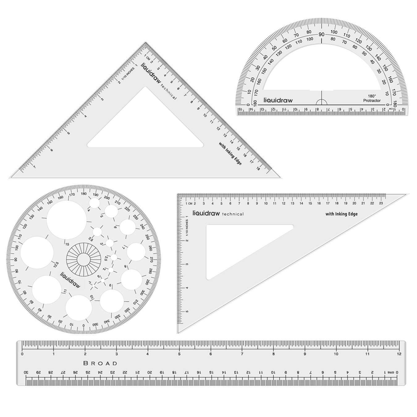 Liquidraw Geometry Set - 5 Piece | 2 x Set Square Triangle Ruler, Semi Circle Protractor, Circle Protractor, 12" Ruler | Professional Quality | Work or School Supplies | Mm & Inch Markings | Clear