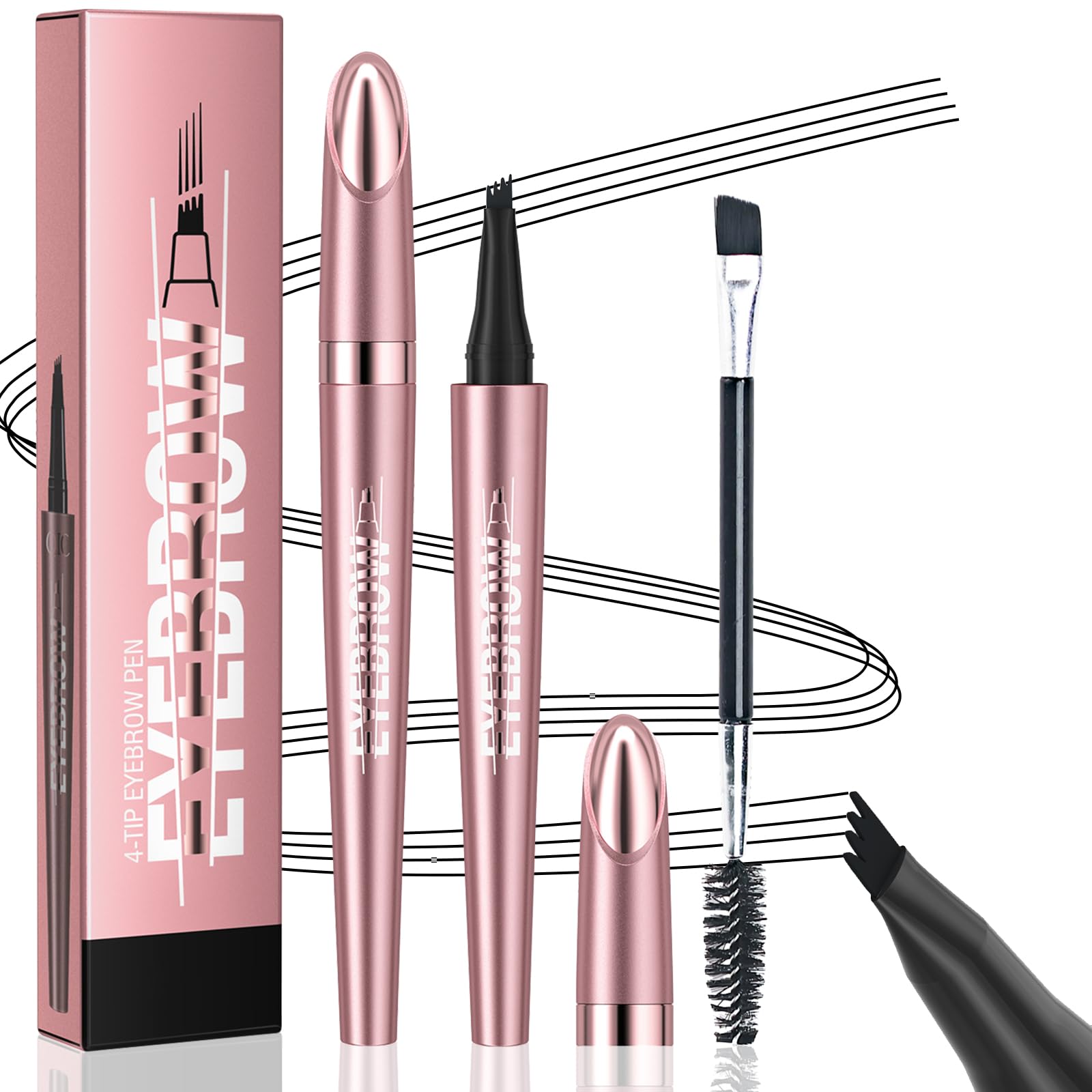 Eyebrow Pencil, 3D Microblading Eyebrow Pen with 4 Micro-Fork Tip & Spoolie Brush, Long-Lasting Precise Eye Brow Pencils, Waterproof Smudgeproof Brow Pen Makeup Cosmetic Tool for Women (Black)