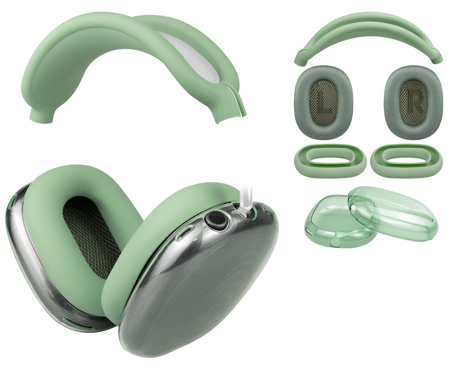 SOULWIT Replacement Kit for AirPods Max, Mesh Fabric Earpads + Headband Cover + TPU Case Protector + Silicone Ear Pads Cover, Sweatproof, Anti-Scratch Accessory, Cushions with Softer Foam - Green