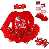 Kunyeah Baby Girls First Christmas Outfit Newborn Romper Tutu Dress Infant Sequin Xmas Skirt with Shoes Headband Leg Warmer