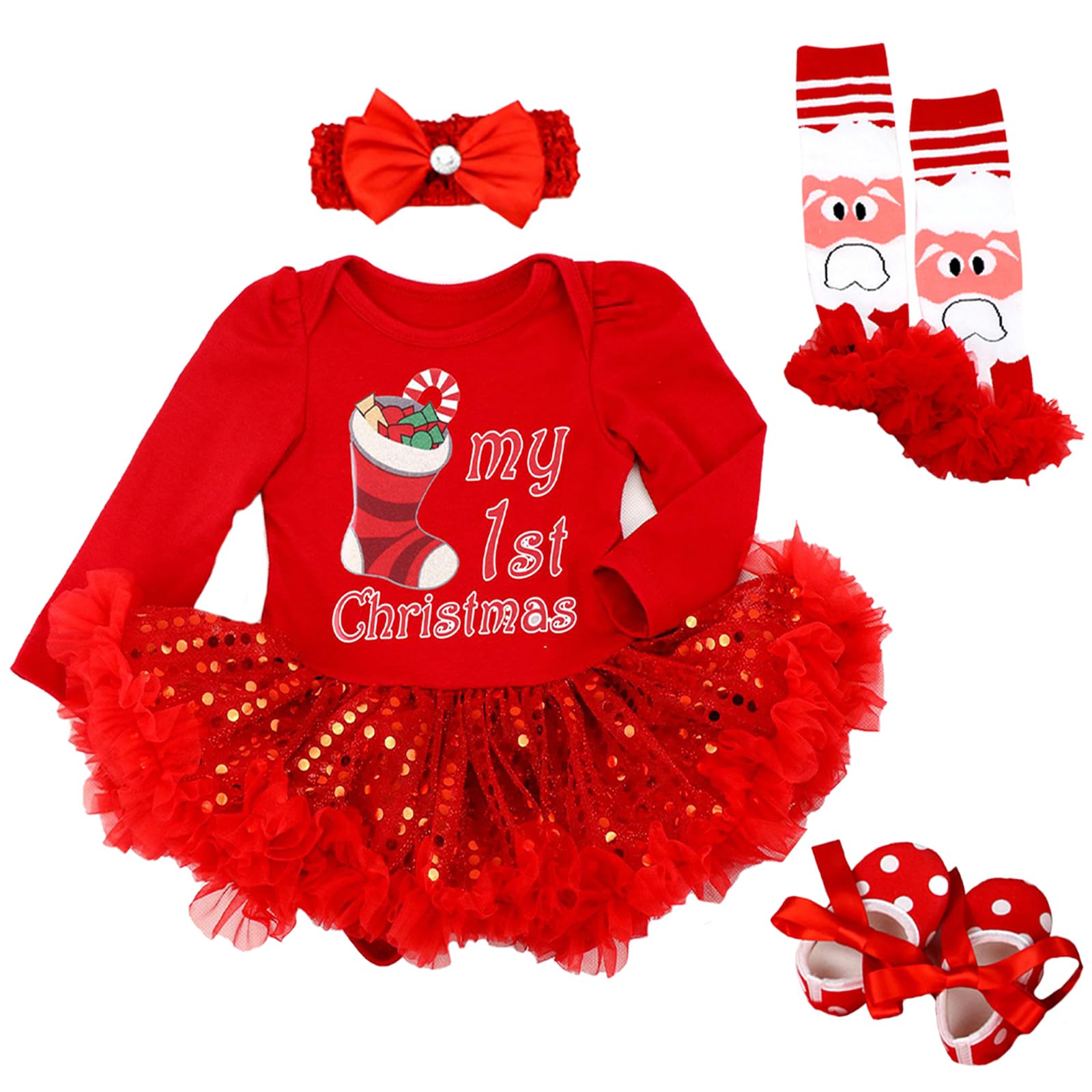 Photo 1 of Kunyeah Baby Girls First Christmas Outfit Newborn Romper Tutu Dress Infant Sequin Xmas Skirt with Shoes Headband Leg Warmer