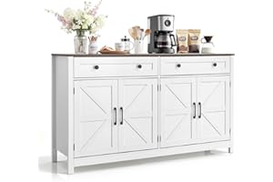 VEVOR Coffee Bar Cabinet, Farmhouse Coffee Bar Table with 2 Drawers, Buffet Stand Cabinet with 4 Barn Doors, Sideboard Buffet