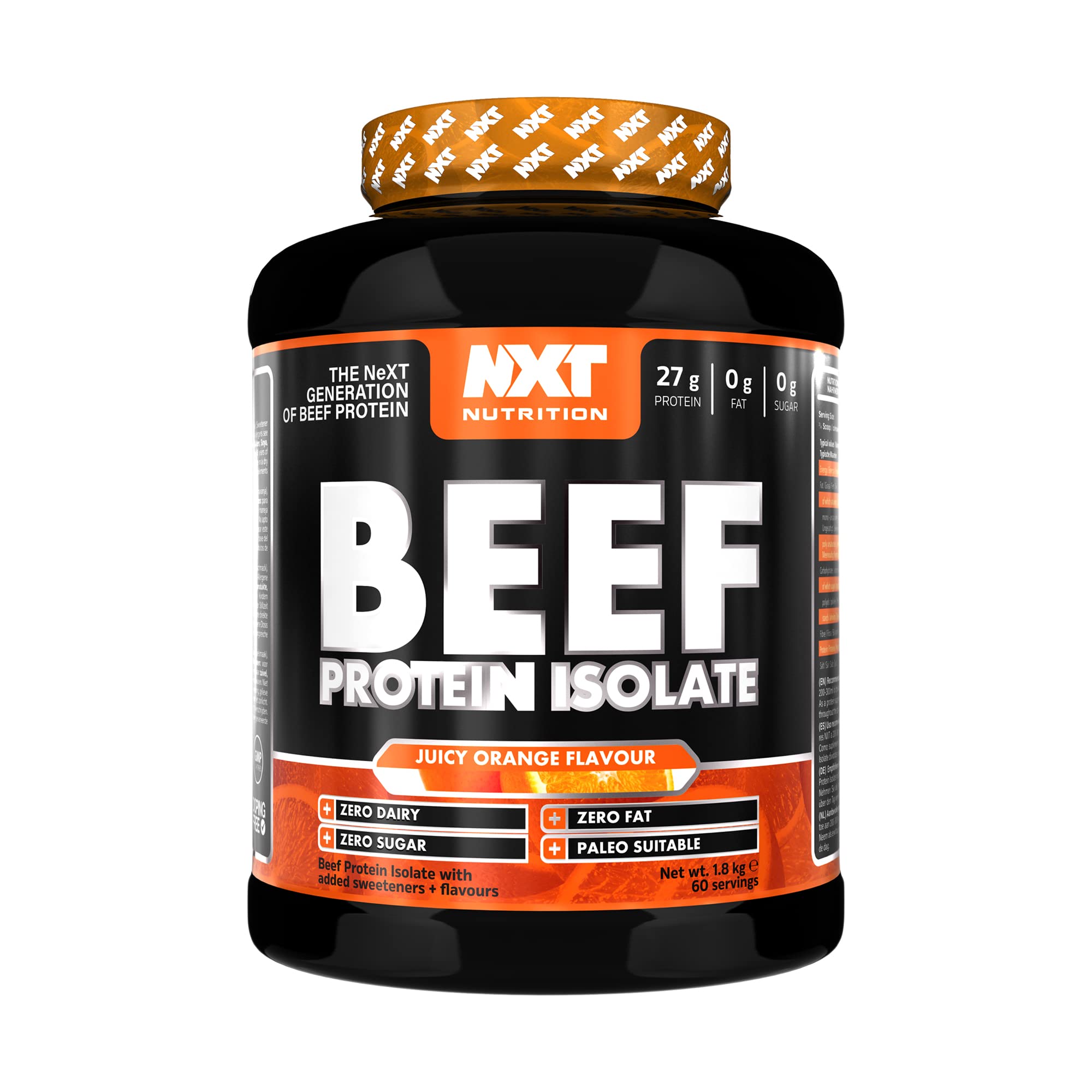 NXT Nutrition Beef Protein Isolate Powder - Protein Powder High in Natural Amino Acids - Paleo, Keto Friendly - Dairy and Gluten Free - Muscle Recovery | 1.8kg | Orange