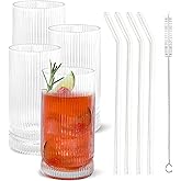 16 oz Ribbed Drinking Glasses, Ribbed Glassware Set of 4 Vintage Fluted Highball Glasses Origami Style Cocktail Glasses Rocks Glass Cups Ideal for Iced Coffee, Water, Juice, Whiskey and Cocktails