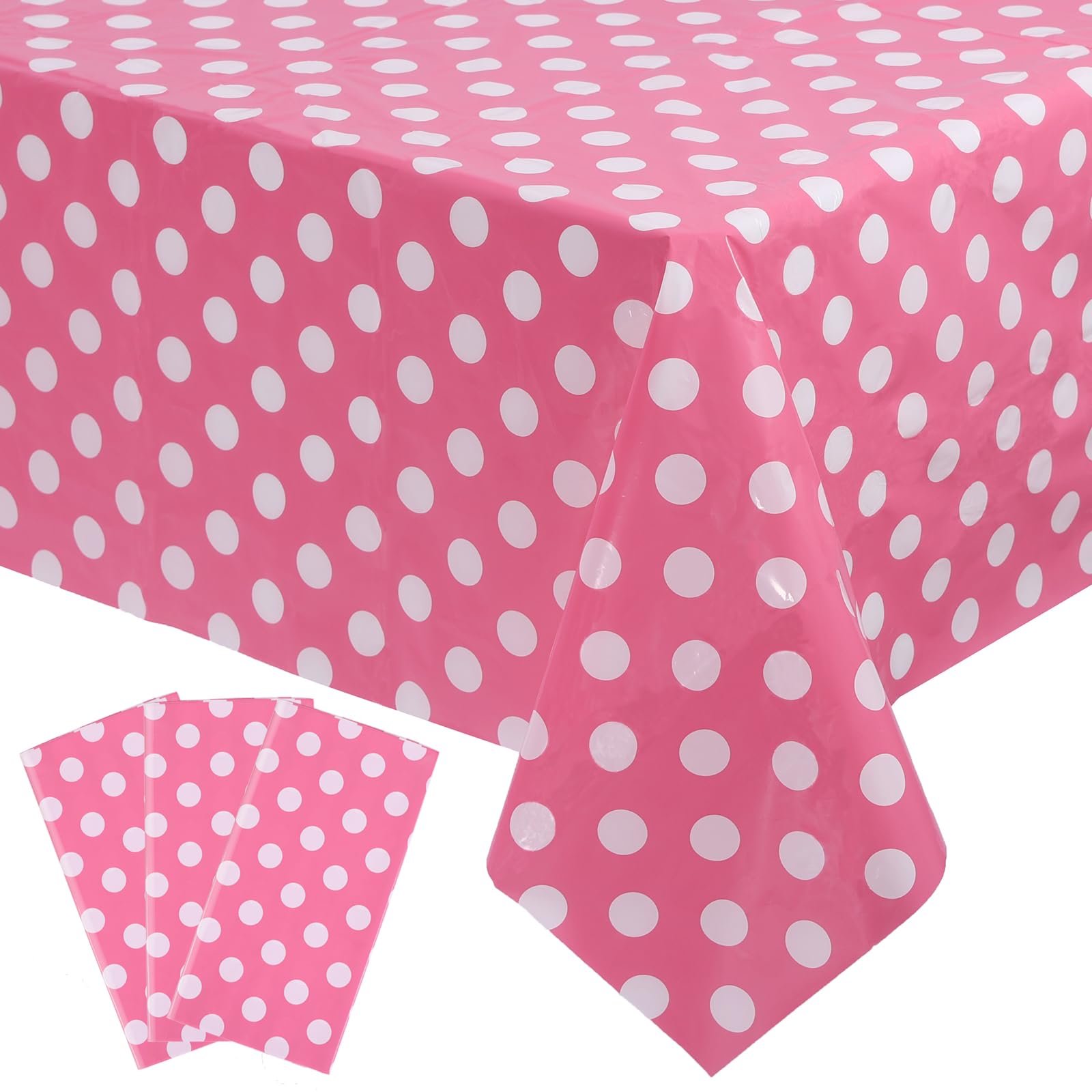 Photo 1 of Kesfey 3 Packs Minnie Mouse Tablecloth 54 x 108 Inch Pink Polka Dot Table Cloths Disposable Plastic Pink Waterproof Picnic Table Covers Pink and White Dots Minnie Tablecover for Birthday Party