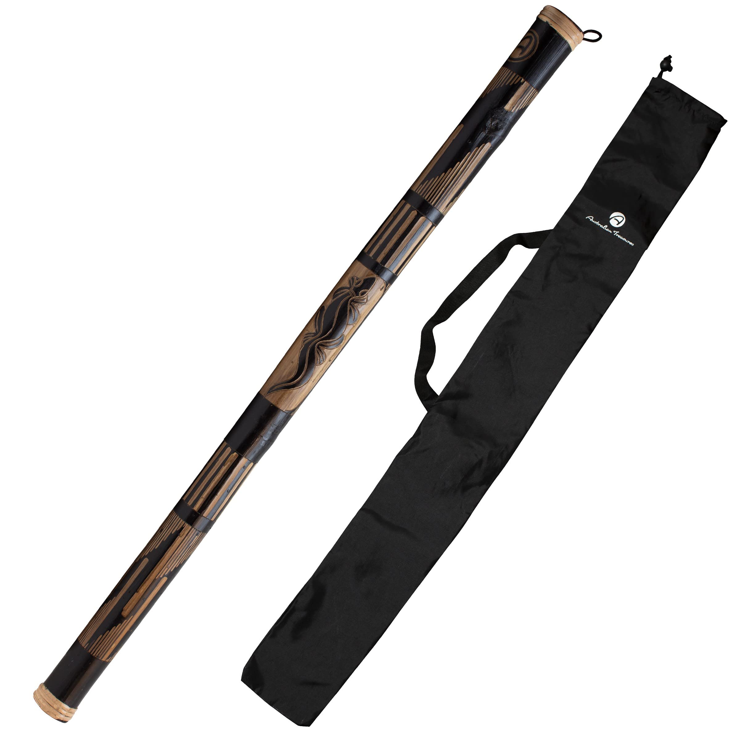 Rainmaker Instrument 100 cm Relief Carved Bamboo Wood - Rain Rattle Sound Healing - Wooden Instrument by Australian Treasures - Percussion Rain Stick with Nylon Bag for Children & Adults