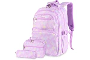FRONET School Backpack for Girls, Teenage Laptop Bags for Elementary Middle High School Student Primary Kids Casual Kawaii Daypack Bookbag Set Ages 8 9 10 11 12 13 14 15 16 Grade Children Schoolbag Purple