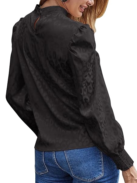 LYANER WOMEN’S SATIN MOCK NECK PUFF LONG SLEEVE KEYHOLE WORK BLOUSE TOP BLACK LARGE