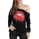 MAGICMK Woman’s Sweatershirt Lips Print Causal Blouse Off The Shoulder Long Sleeve Loose Slouchy Pullover Plus Size Tops