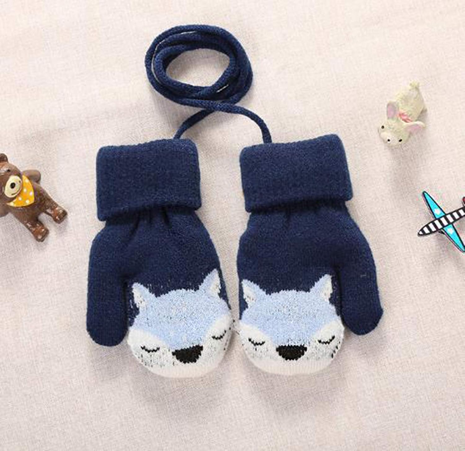 Toddler Kids Warm Knitted Mittens Cute Cartoon Gloves Winter Full Fnger Mittens with String Hang Neck for 1-4 Years Kids - Image 4