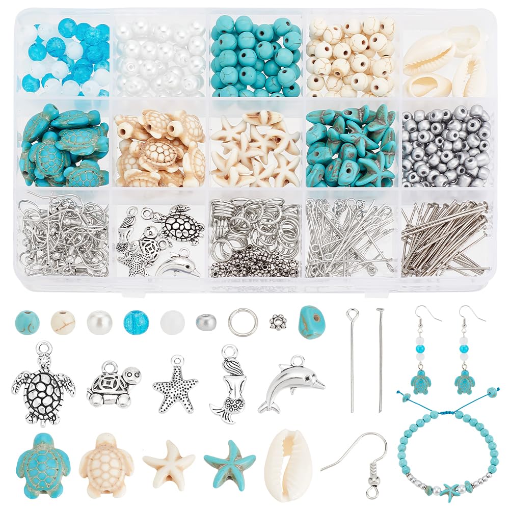 PH PandaHall 575pcs Turquoise Turtle Beads Ocean Beads Charms Jewellery Making Kit Starfish Seashell Tortoise Mermaid Pendants for Summer Beach Necklace Earring Bracelet Anklet Making