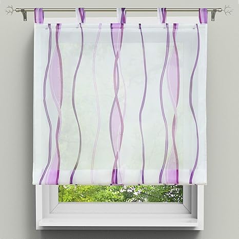 HongYa Raffrollo mit Wellen Druck Transparenter Voile Raffgardine Vorhang mit Schlaufen H/B 140/120 cm Weiß Beere