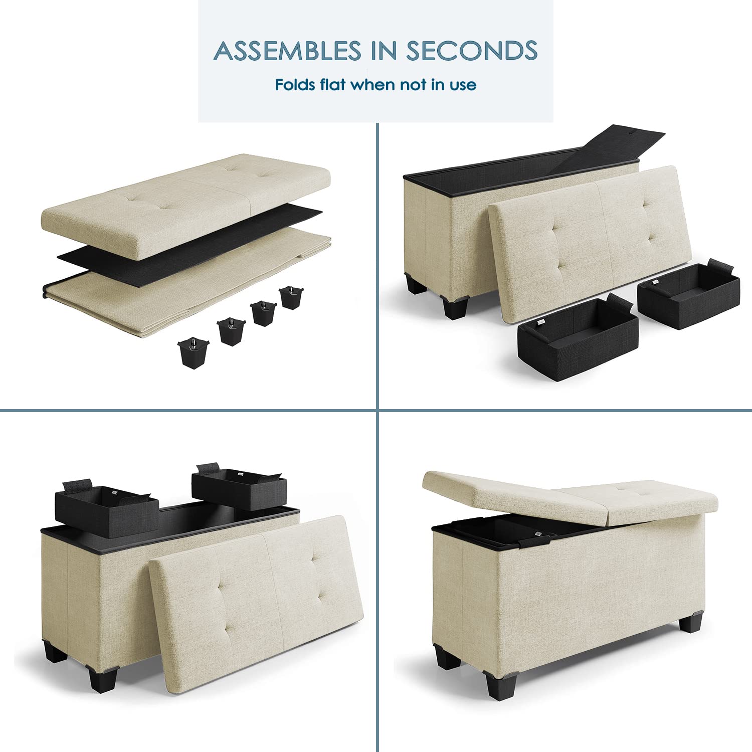 Storage Ottoman Bench with Storage Bins, 30-In Storage Bench for Bedroom End of Bed, Folding Foot Rest Ottoman with Storage for Living Room, Storage Chest Max 660lbs, Linen Fabric Beige Ottoman - Image 6