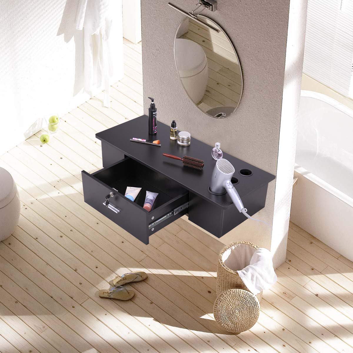 JAXPETY Salon Classic Wall Mount Styling Station, Beauty Salon Spa Locking Cabinet with 1 Drawer, Black: Beauty