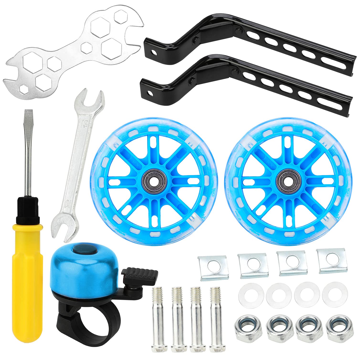 Pwsap Bicycle Training Flash Wheels, Children's Bike Stabilizers Support Wheels Bike Steel Frame for 12 14 16 18 20 Inch Kids Riding Safety Equipment (1 Pair, Blue)