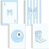 CNhoqc Blue Bow Spiral Notebook - 4Pcs A5 Size Blue Watercolor Coquette Bow Cherry College Ruled Lined Pages Spiral Bound Journal Hardcover Subject Journaling Notebook Note Taking Work School Supplies