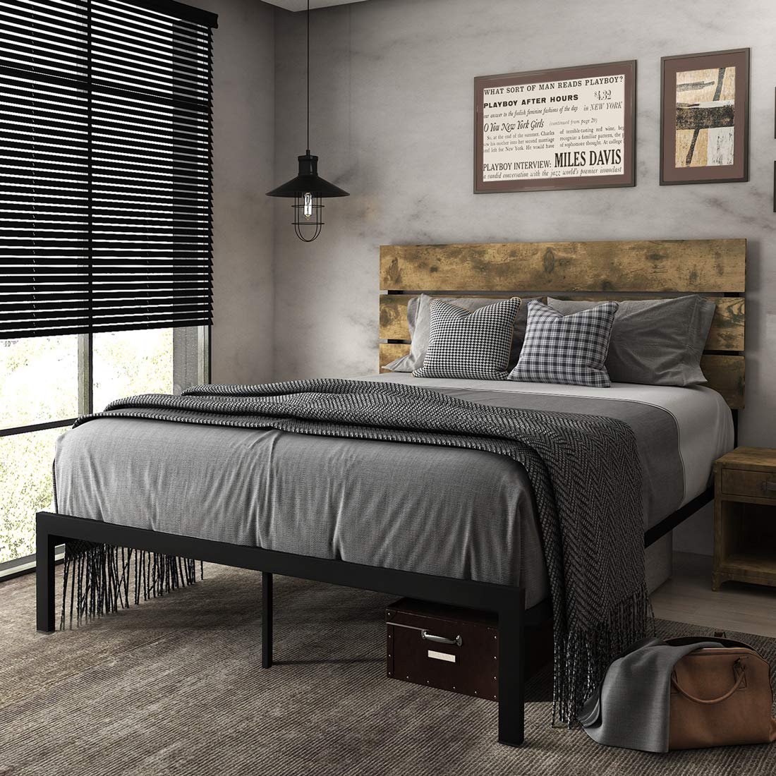 SHA CERLIN Queen Size Platform Bed Frame with Wood headboard and Metal Slats / Rustic Country Style Mattress Foundation /Box Spring Optional / Strong Metal Slats Support / Easy Assembly,Dark Brown