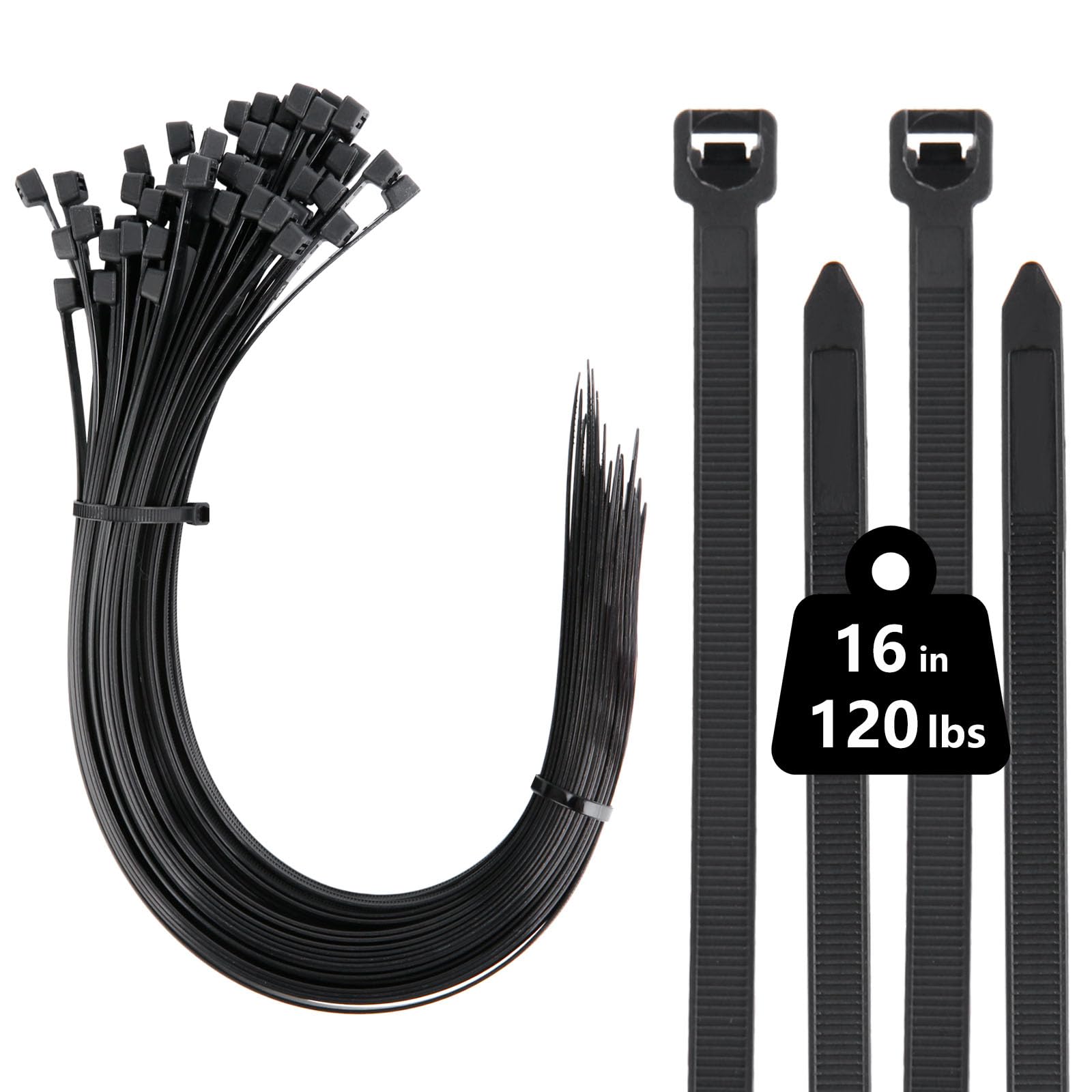 120 lbs Heavy Duty Cable Ties 100 Pack, 400 mm x 7.6 mm Black Long Zip Ties with UV Resistant, 16 inch Nylon Plastic Self Locking Cable Wrap for Tidy Wires, Home, Workshop, Garden and Outdoor