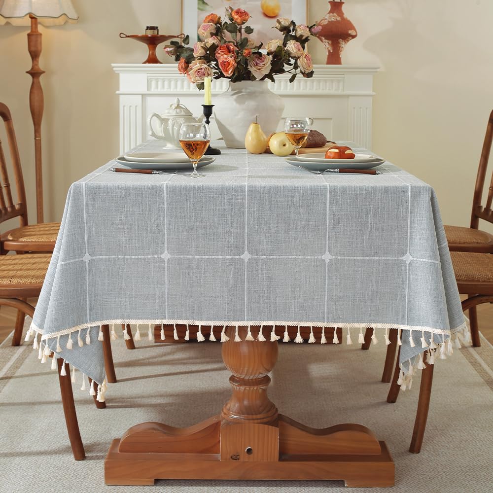 Pahajim Table Cloths Rectangle Cotton Linen Gingham Tablecloth Wrinkle Free With Tassel Washable Table Cover Middle Embroidery for Kitchen, Dinning,Patio Tabletop Decoration(Gray,55x71inch)
