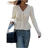 GORGLITTER Women's Pearl Button Up Cardigan Crop Long Sleeve V Neck Ruffle Sweater Peplum Cinched Waist Knit Tops