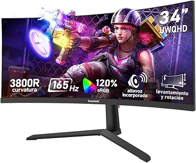 Monitor Gaming Curvo ultrawide de 34 Pulgadas, 165 Hz, Pantalla 3800R 21:9 UWQHD (3440×1440), 120% sRGB, 1 ms, Adaptive Sync, DisplayPort, HDMI, Soporte Ajustable en Altura - Negro