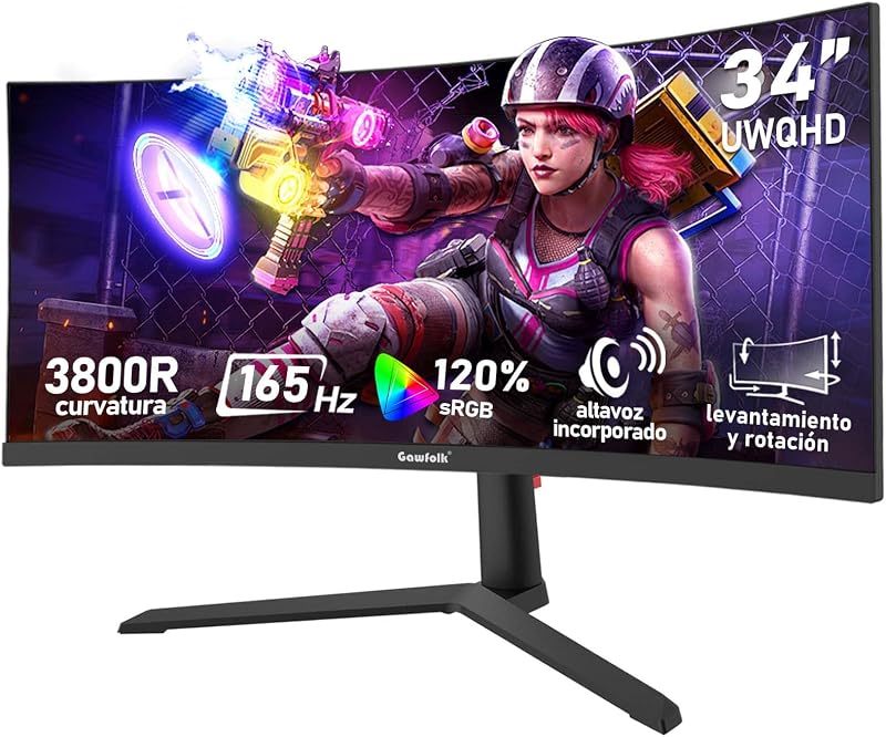 Monitor de gaming ultrawide curvo de 34 polegadas, 165 Hz, 3800R 21:9 UWQHD (3440×1440) Ecrã, 120% sRGB, 1 ms, Adaptive Sync, DisplayPort, HDMI, Suporte Ajustável em Altura - Preto