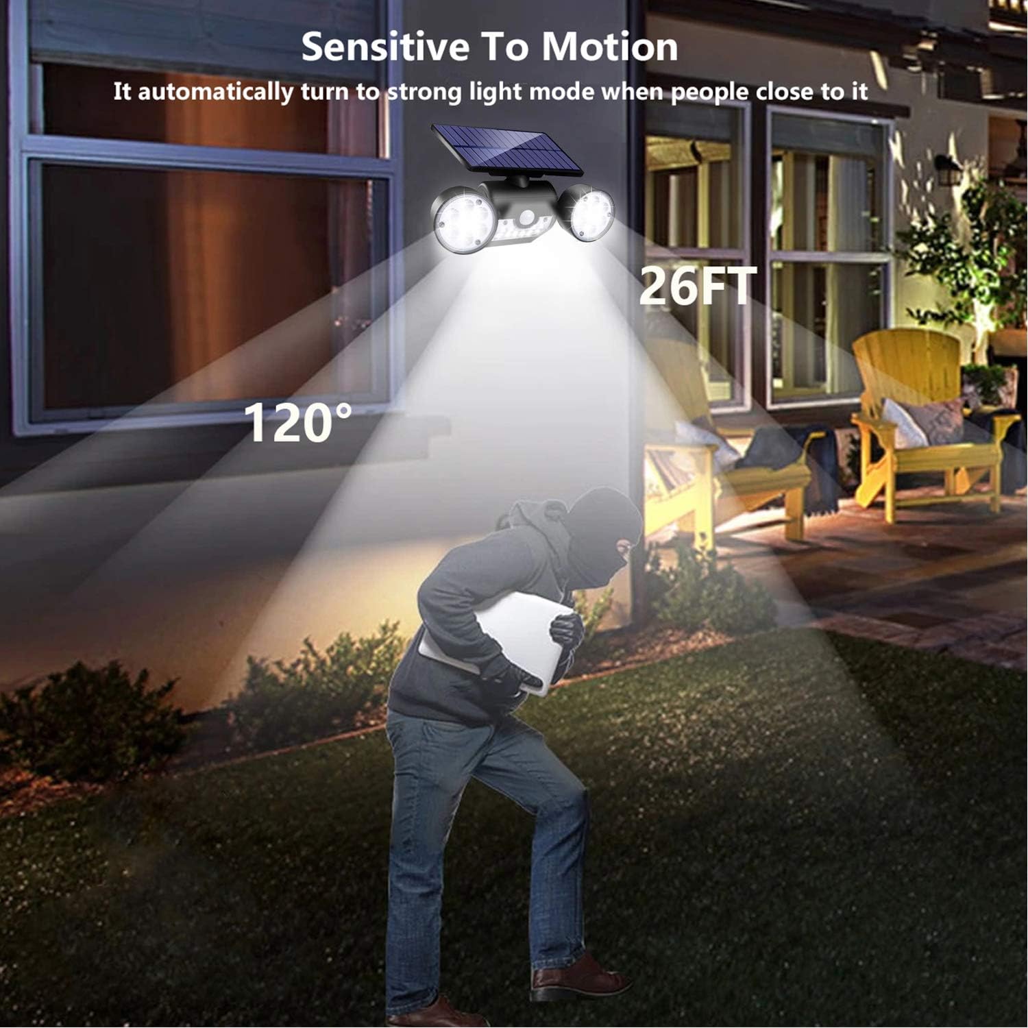 Ambaret Outdoor Solar Lights, 30 LED Solar Security Lights with Motion Sensor Dual Head Spotlights IP65 Waterproof 360° Adjustable Solar Motion Lights Outdoor for Yard Garden Garage Patio 2 Pack - - 