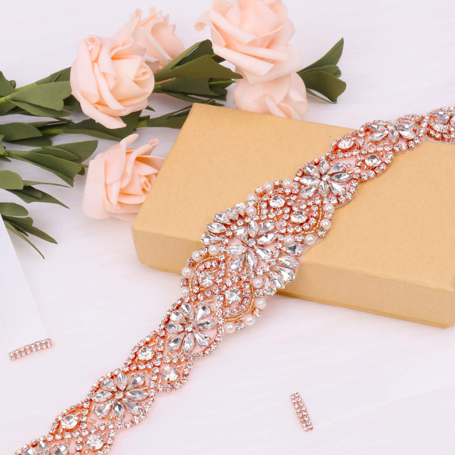 Tendaisy Women's Clear Crystal Rhinestone Sash Wedding Belt for Bridal Gowns(Rose-White) at  Women’s Clothing store