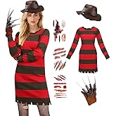 PUIWNON Womens Halloween Costume Knitted Dress with Hat Glove Tattoo stickers Sexy Horror Killer Sweater Costume Dress
