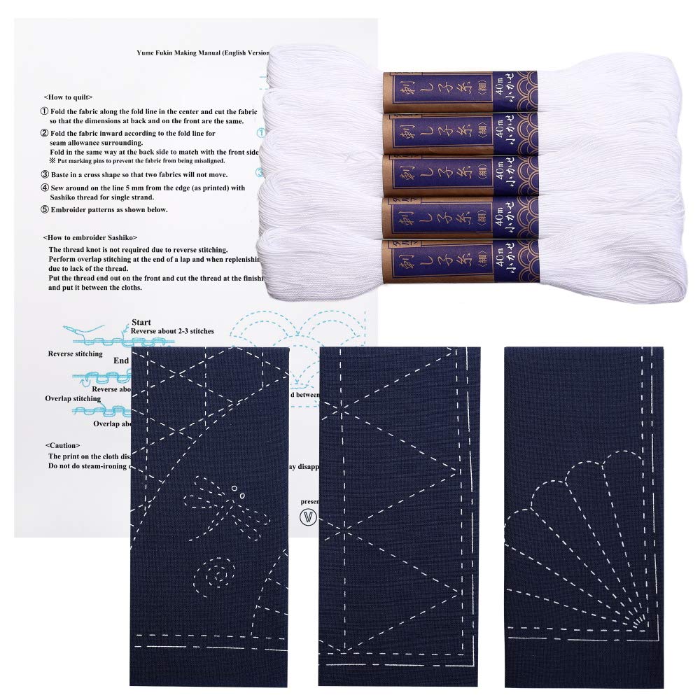 Sashiko kit, Yokota Sashiko Thread and Template Yume Fukin with Original English Manual, Fabric, Japanese Textile (White Thread/Navy Dishcloth 2)