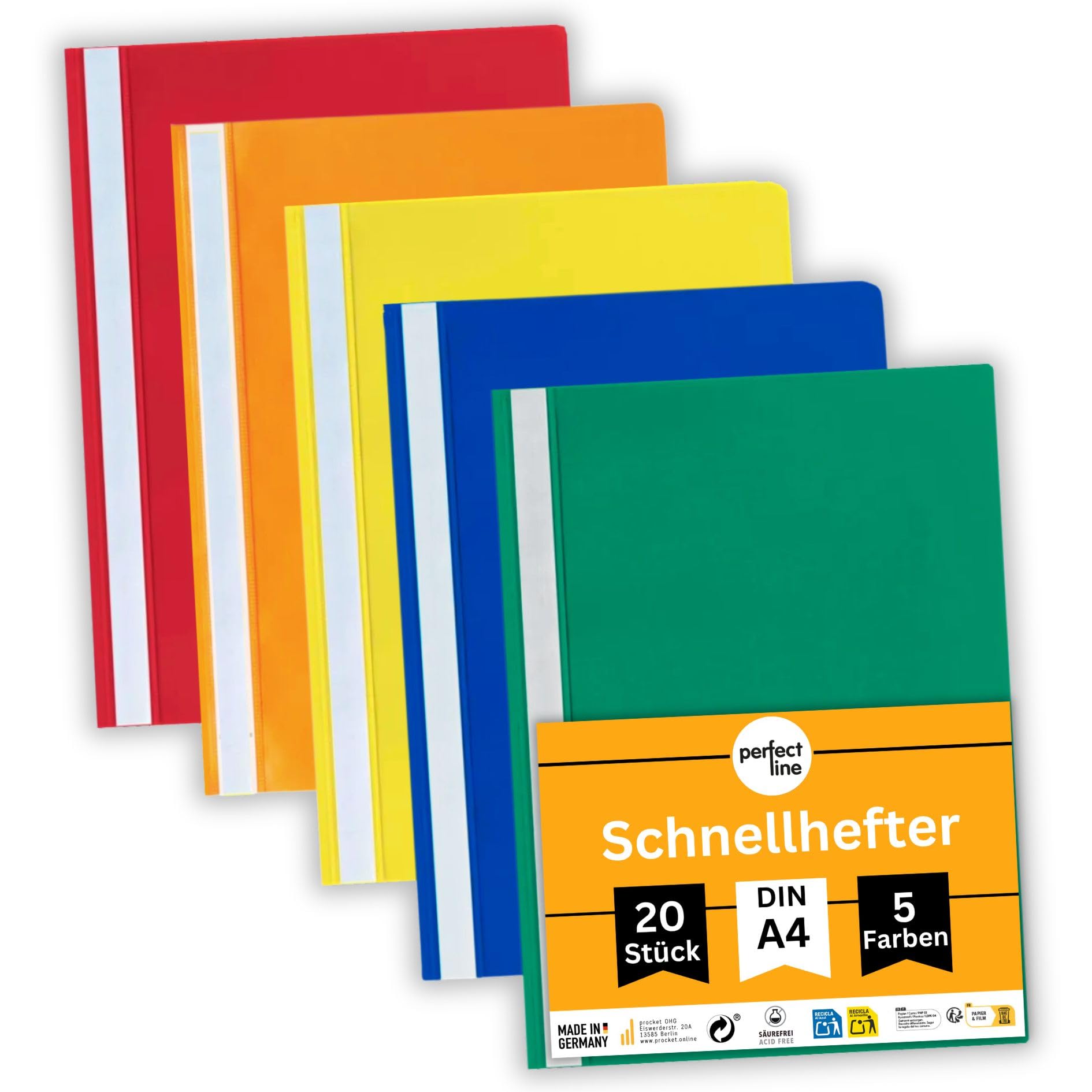 perfect line – 20 A4 Plastic File Folders, 5 Assorted Colours, Eco-Friendly Recycled PP Document Wallets with Metal Fastener & Label Strip, Durable Filing Folders, Made in Germany