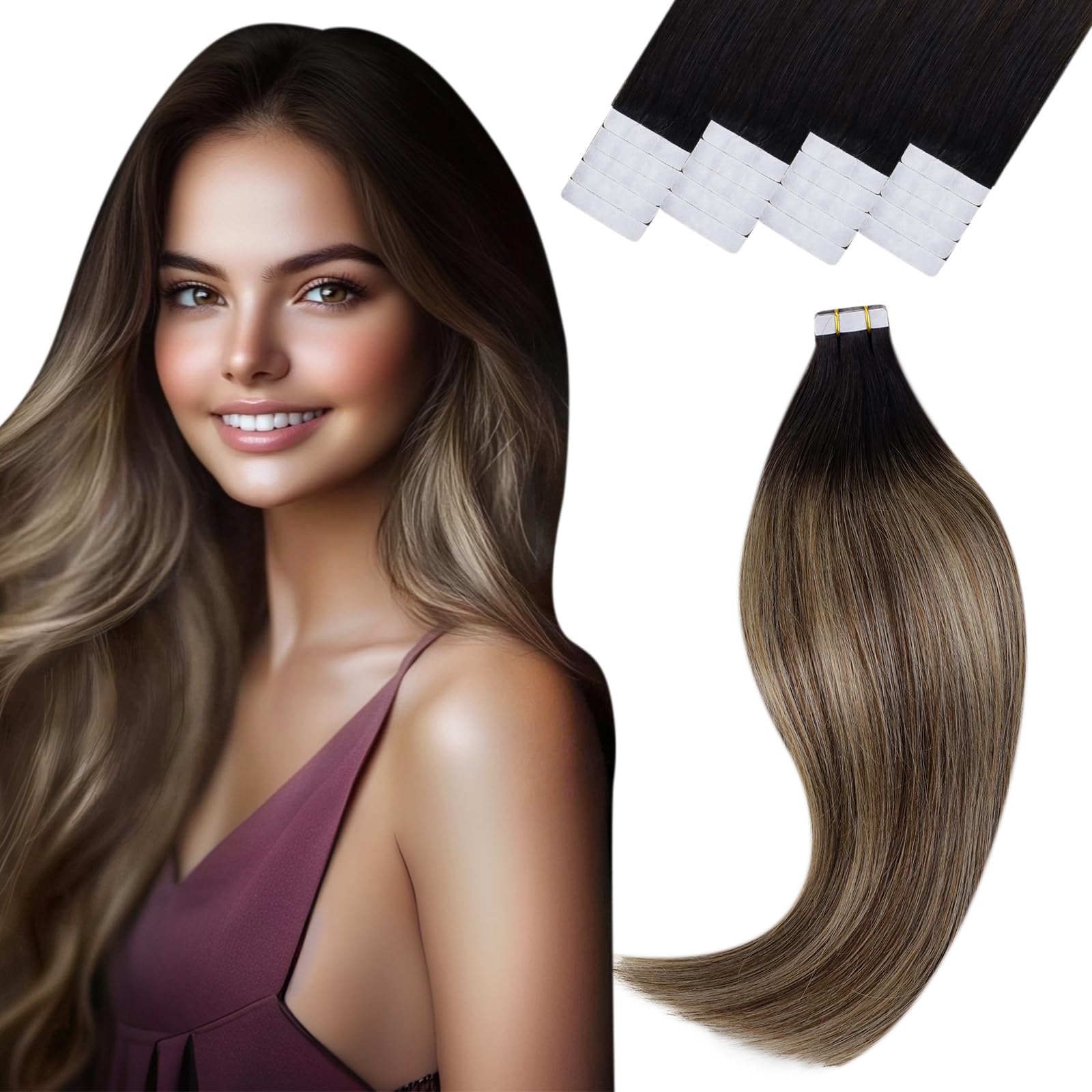 Vivien Tape in Hair Extensions Human Hair Balayage Hair Extensions Tape in Real Hair Black to Dark Brown with Caramel Blonde Tape in Human Hair Extensions Long Straight 50g 20Pcs 24Inch #1B/4/27
