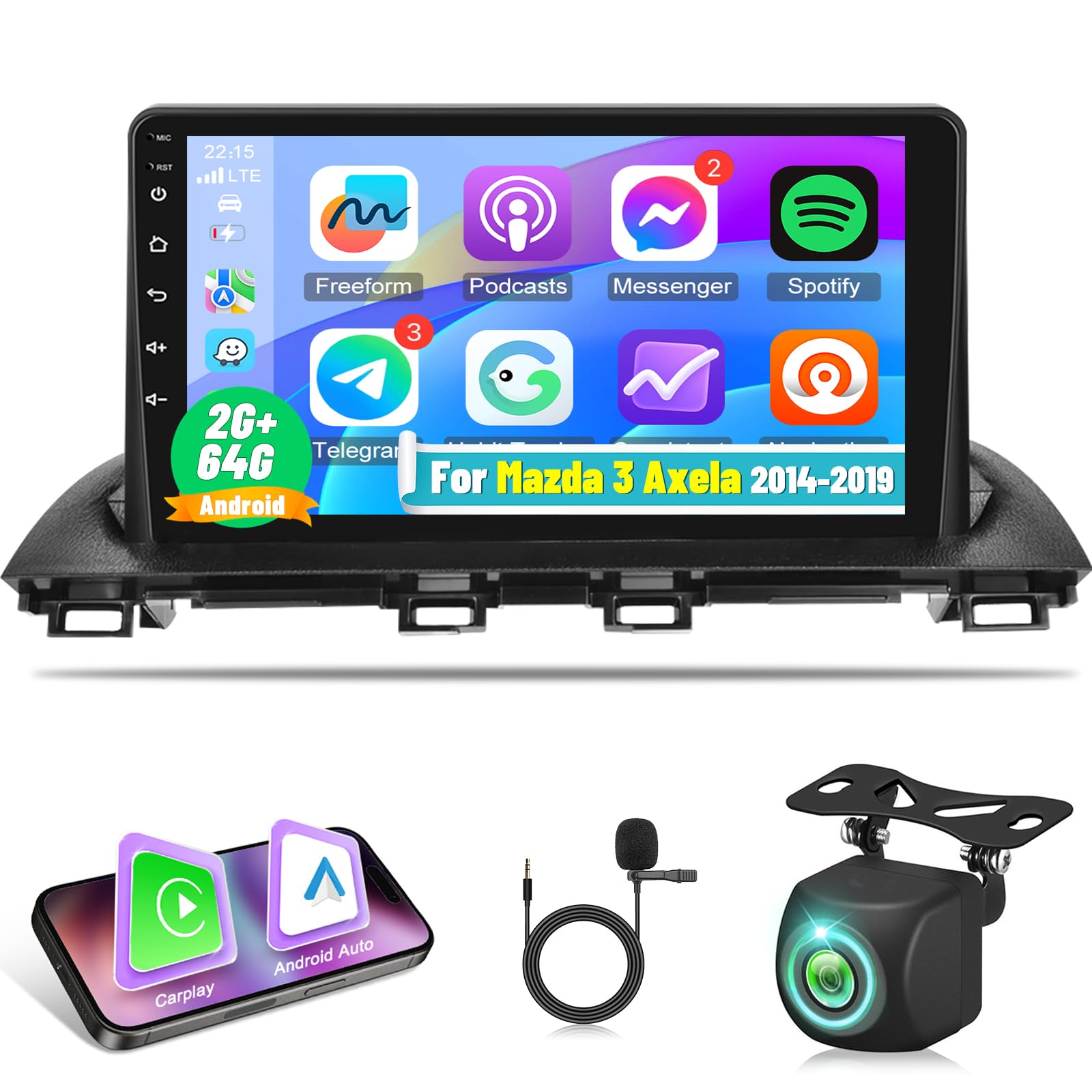 Photo 1 of 2+64G Radio for Mazda 3 2014 2015 2016 2017 2018 2019, 9 inch Android Touch Screen Mazda 3 Car Stereo, Carplay/Android Auto/Bluetooth/EQ Audio/SWC
