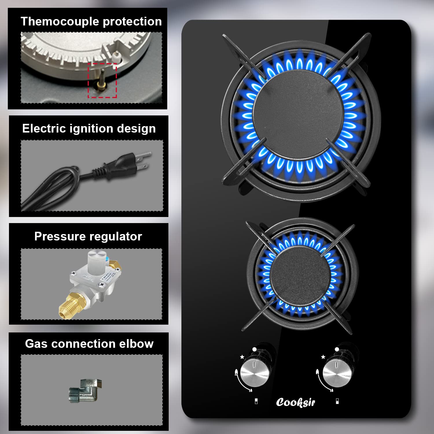 Cooksir 12 inch Gas Stove, 2 Burners Propane Cooktop Bulit-in, Indoor Cooktop Suitable for Dual Fuel LPG/NG, Tempered Glass Gas Stove Top for Kitchen, Apartment, Indoor, 110-120V Plug in